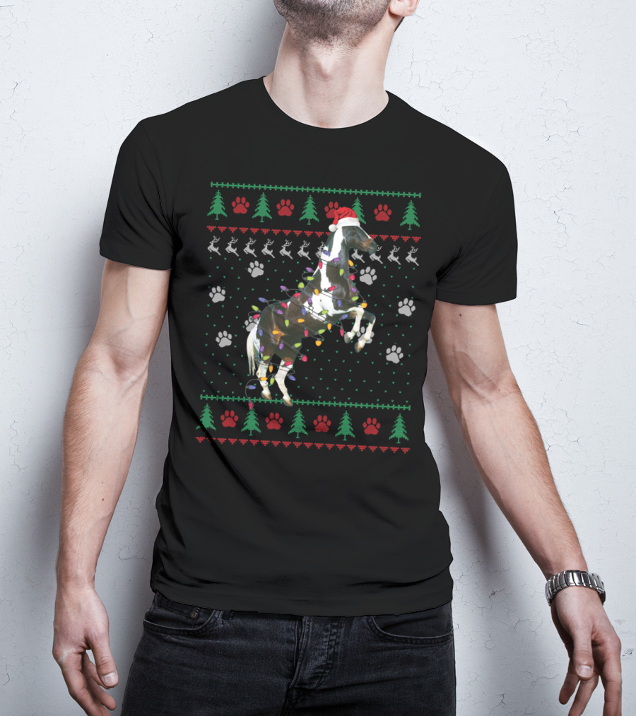 American Paint Horse Christmas Lights Santa Hat Ugly T-Shirt
