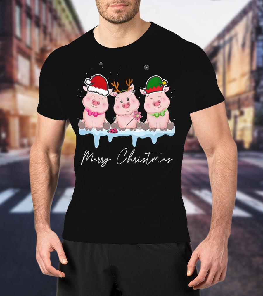 Merry Christmas Cute Pig Santa Hat Xmas Holiday Trio T-Shirt