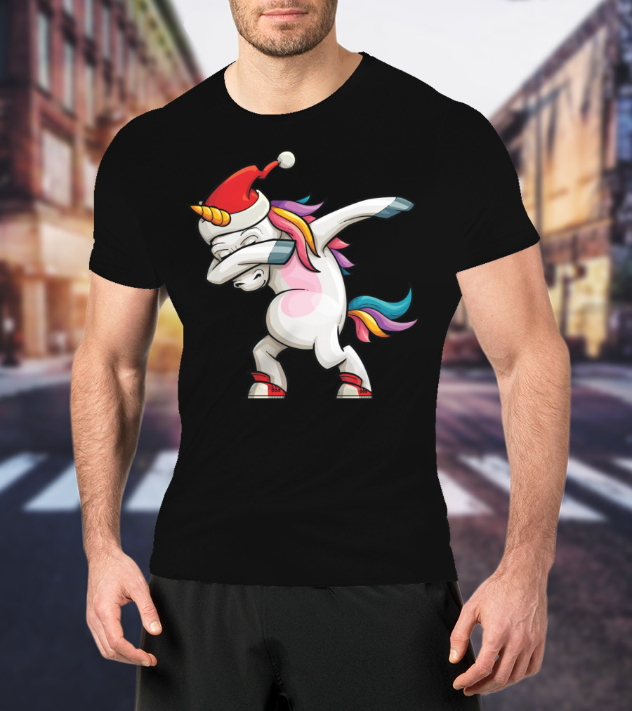 Dabbing Santacorn Xmas Funny Santa Unicorn Rainbow Mane Santa Hat T-Shirt