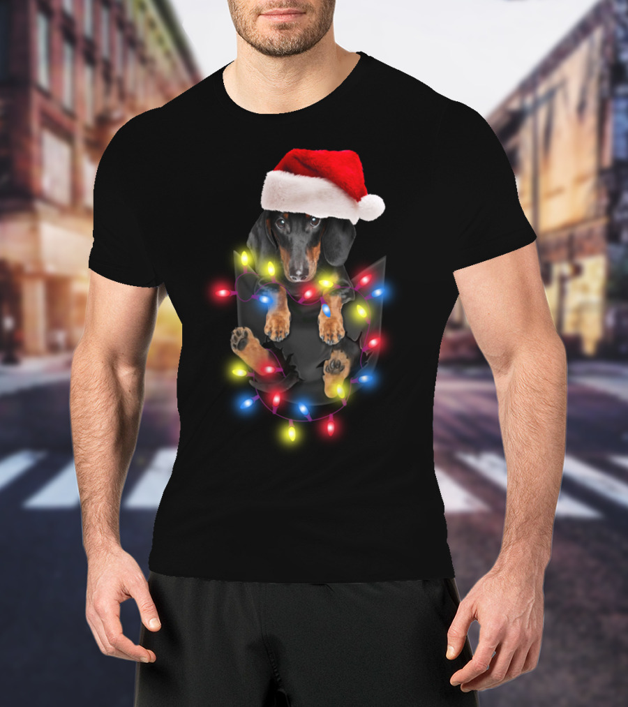 Dachshund Santa Hat Christmas Lights In Pocket Festive Holiday Puppy T-Shirt