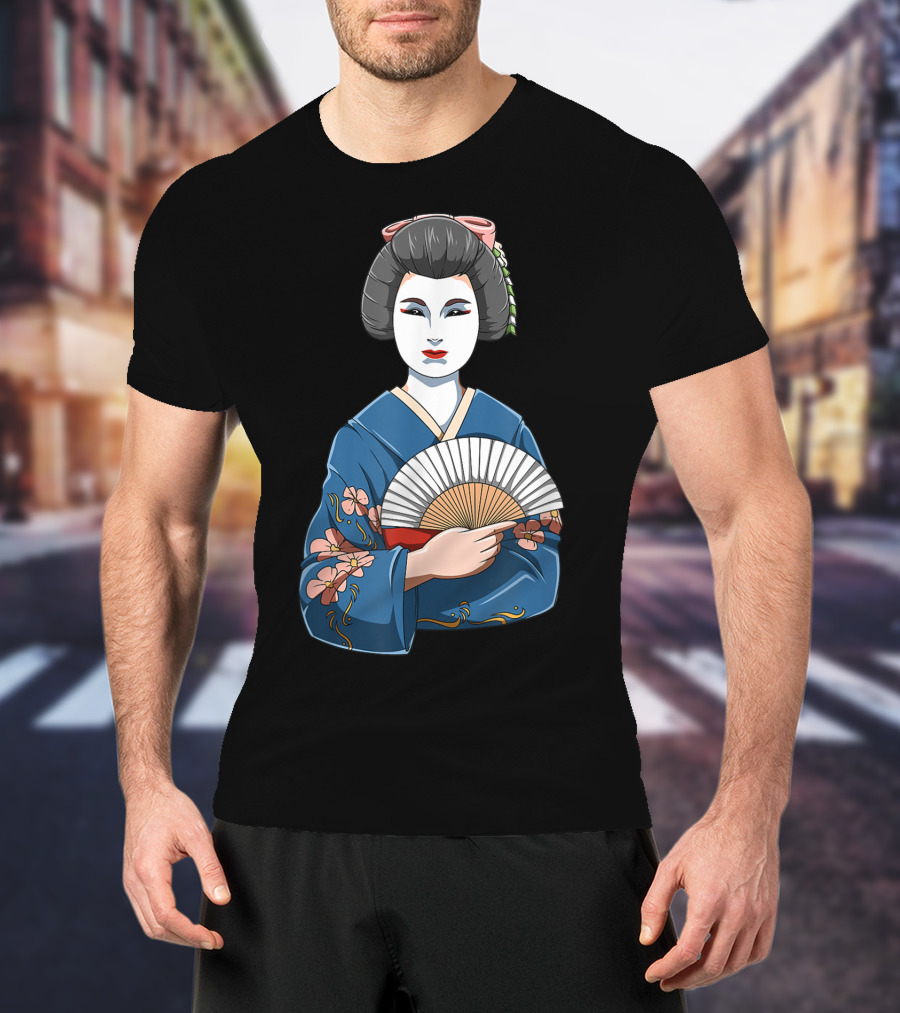 Geisha Girl Traditional Japanese Kimono Fan Blossoms T-Shirt