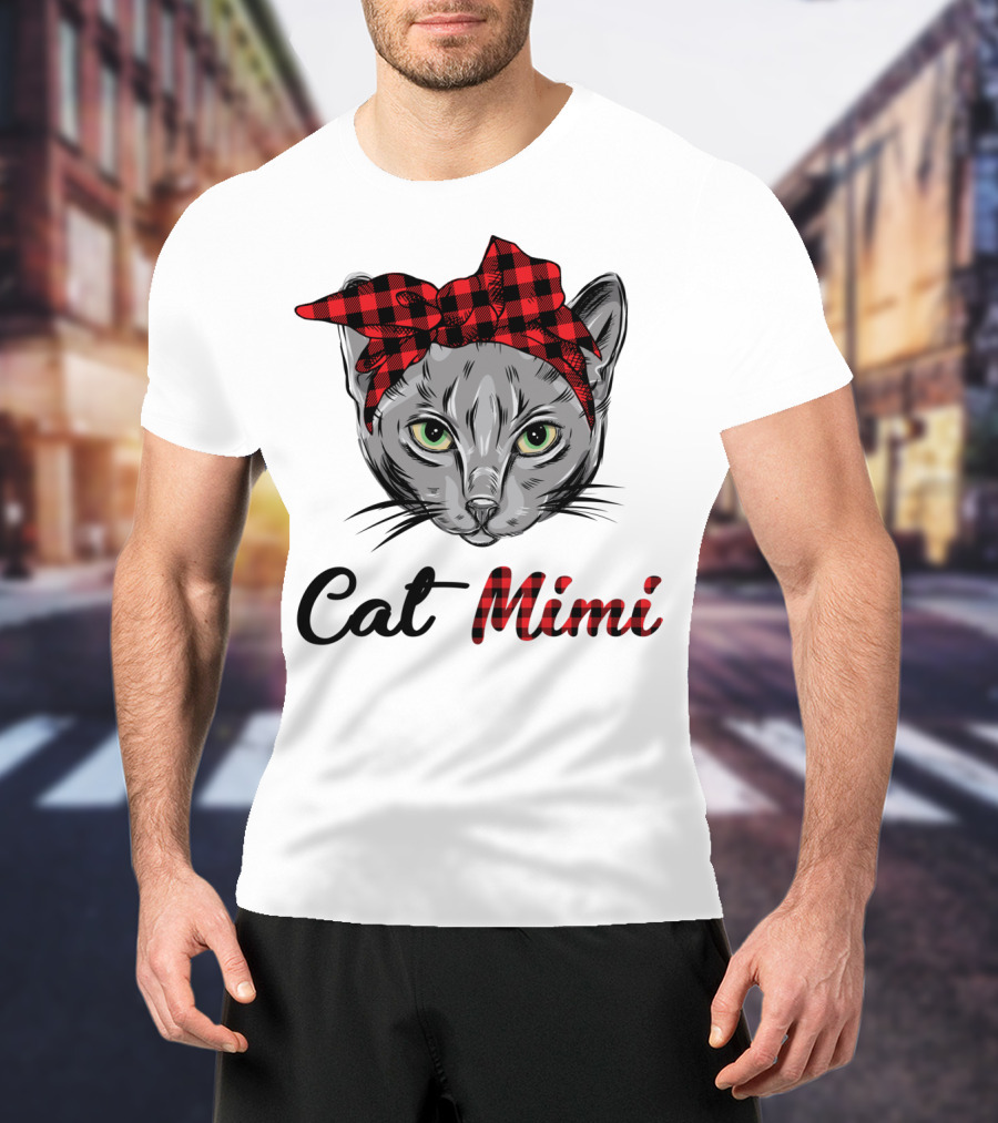 Grandma Pet Outfit Cat Mimi Buffalo Plaid Headband T-Shirt