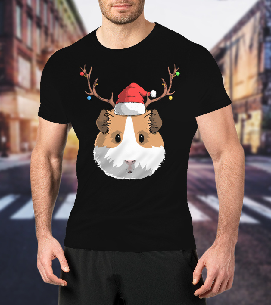 Santa Claus Hat Guinea Pig Reindeer Christmas Holiday T-Shirt