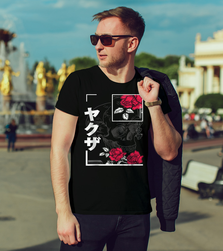 Urban Yakuza Skull And Red Roses T-Shirt