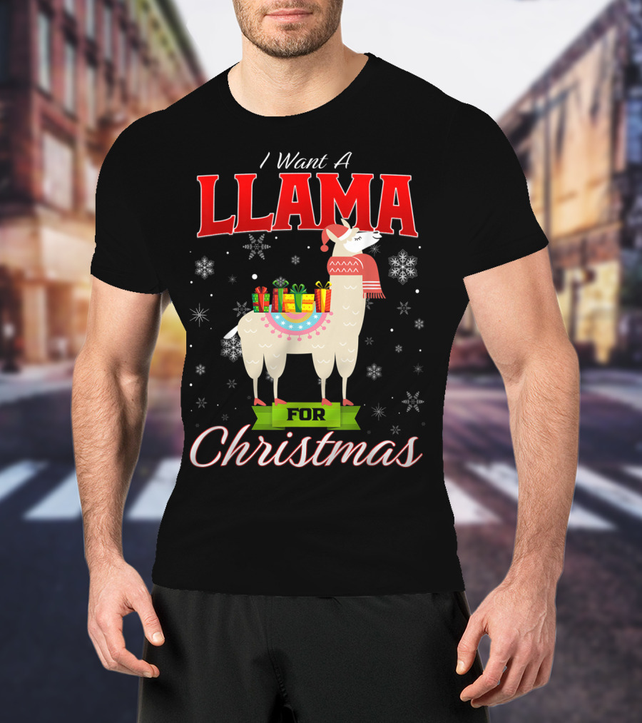 I Want A Llama For Christmas Santa Hat Snowflakes T-Shirt