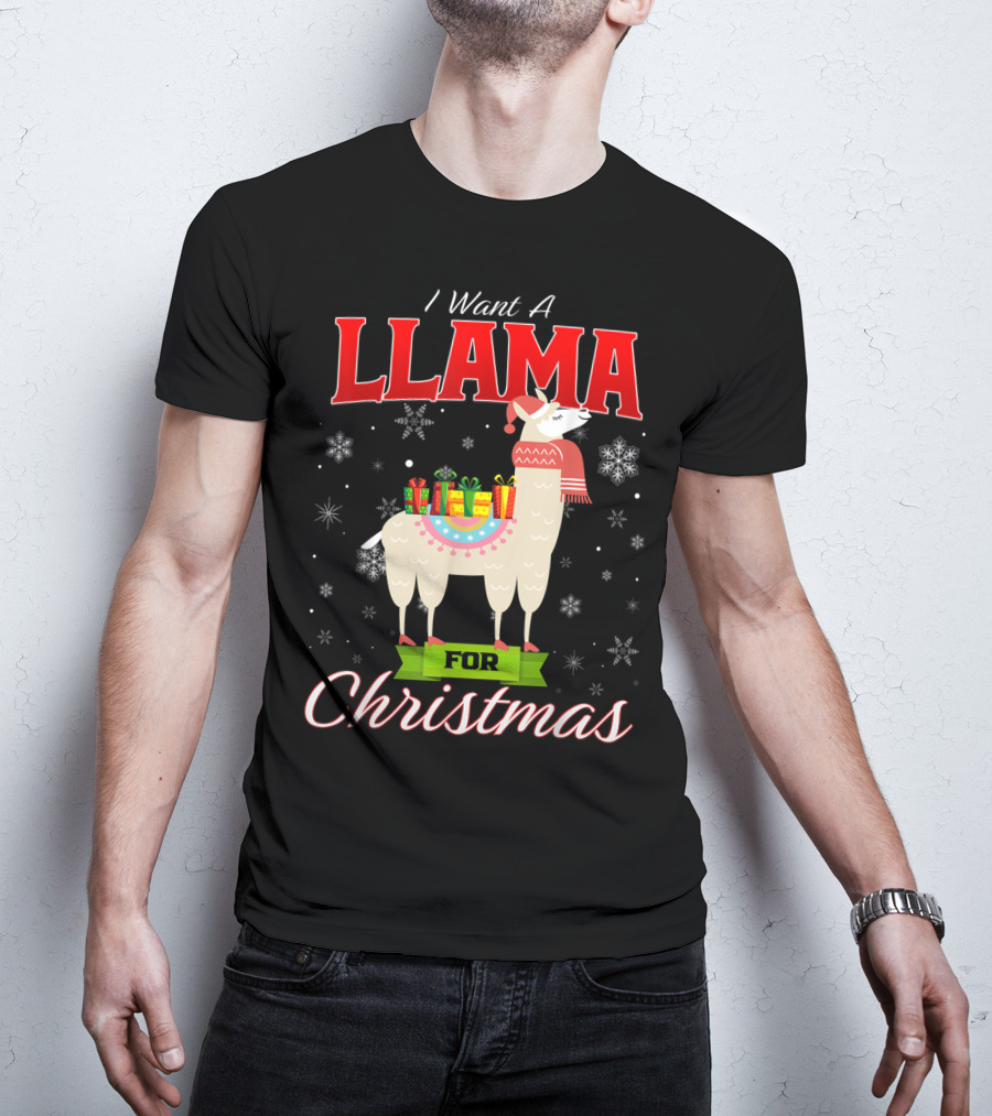 I Want A Llama For Christmas Santa Hat Snowflakes T-Shirt