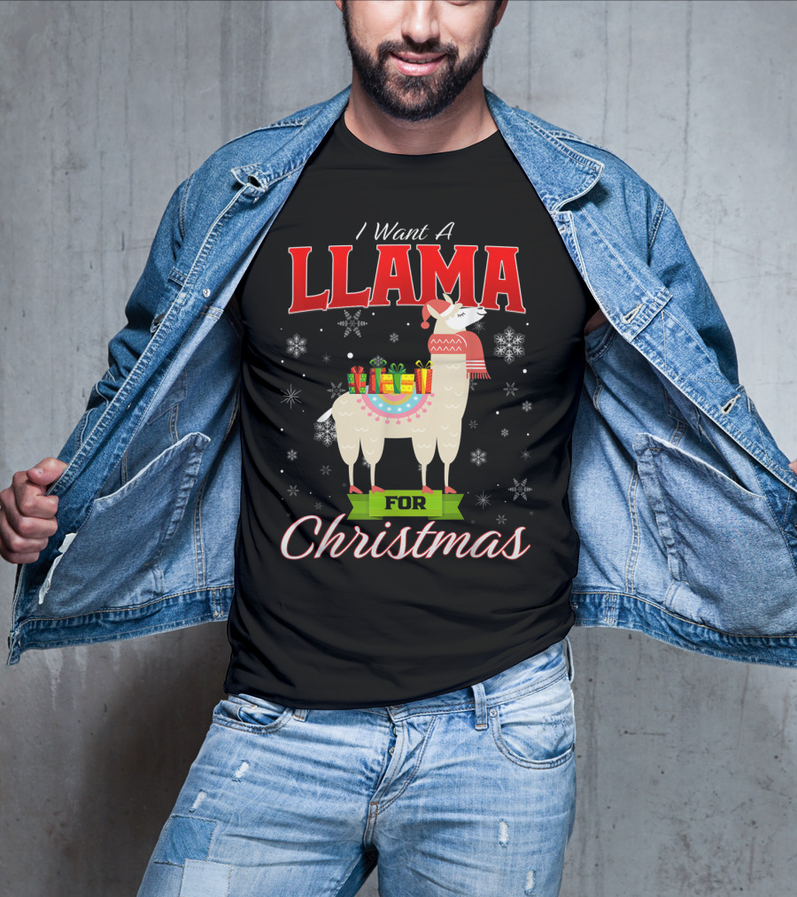 I Want A Llama For Christmas Santa Hat Snowflakes T-Shirt