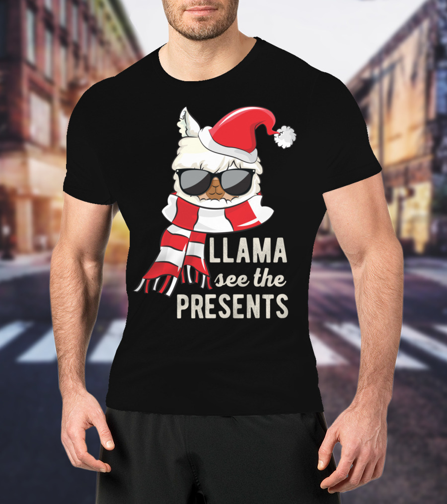 Llama See The Presents Funny Hat Xmas Alpaca Christmas Santa Scarf Sunglasses T-Shirt
