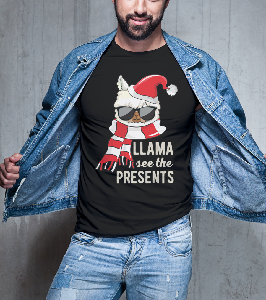 Llama See The Presents Funny Hat Xmas Alpaca Christmas Santa Scarf Sunglasses T-Shirt