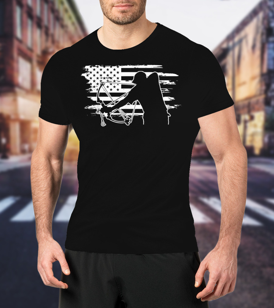 Dad Bowfishing Archer Silhouette With American Flag Background T-Shirt