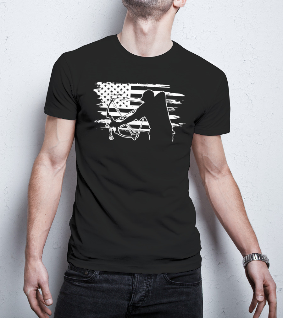 Dad Bowfishing Archer Silhouette With American Flag Background T-Shirt