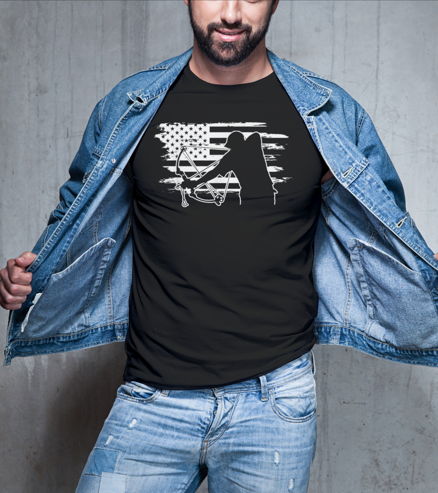 Dad Bowfishing Archer Silhouette With American Flag Background T-Shirt