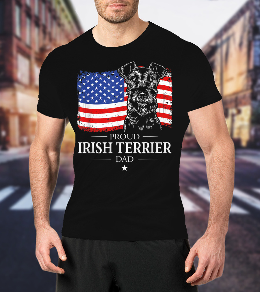 Proud Irish Terrier Dad With American Flag Background T-Shirt