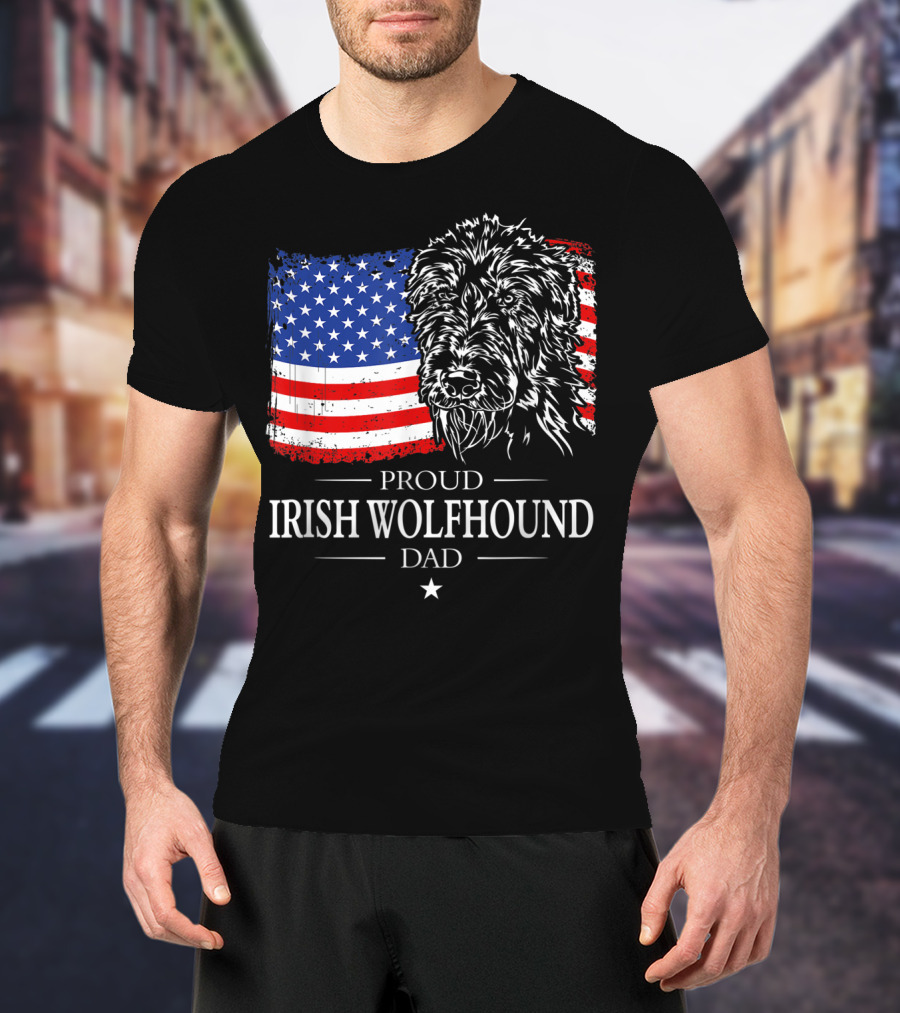 Proud Irish Wolfhound Dad American Flag T-Shirt