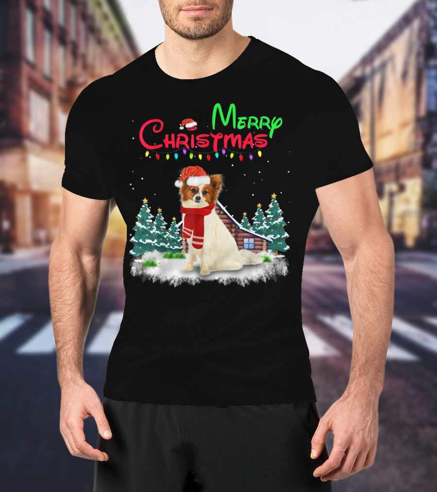 Papillon Dog With Santa Hat And Christmas Lights In Snowy Holiday Scene T-Shirt