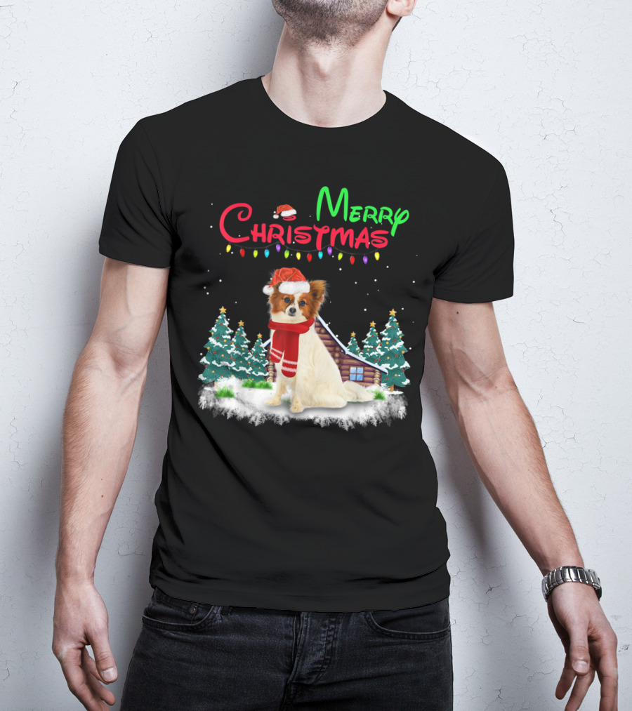 Papillon Dog With Santa Hat And Christmas Lights In Snowy Holiday Scene T-Shirt