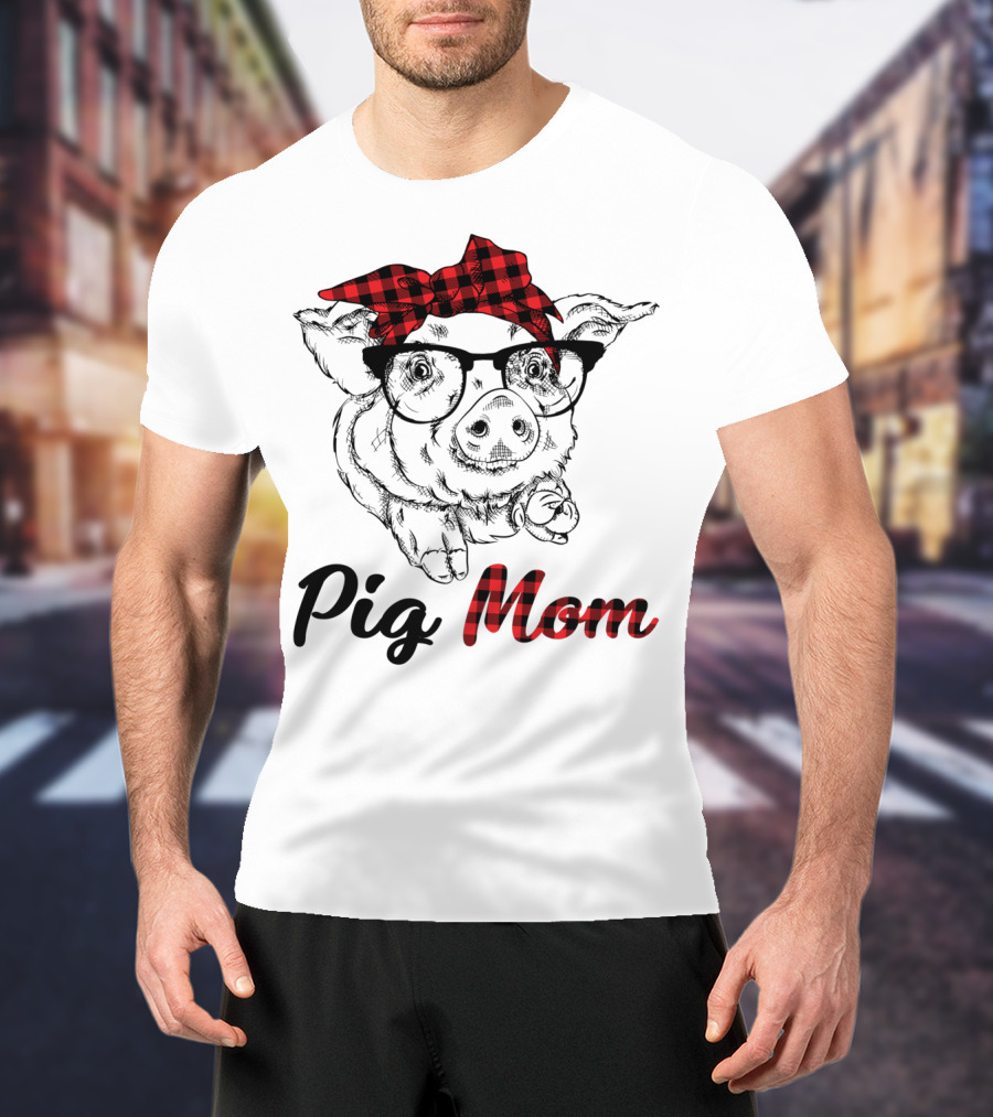 Pig Mom Piggy Outfit Mother Plaid Bow Glasses T-Shirt