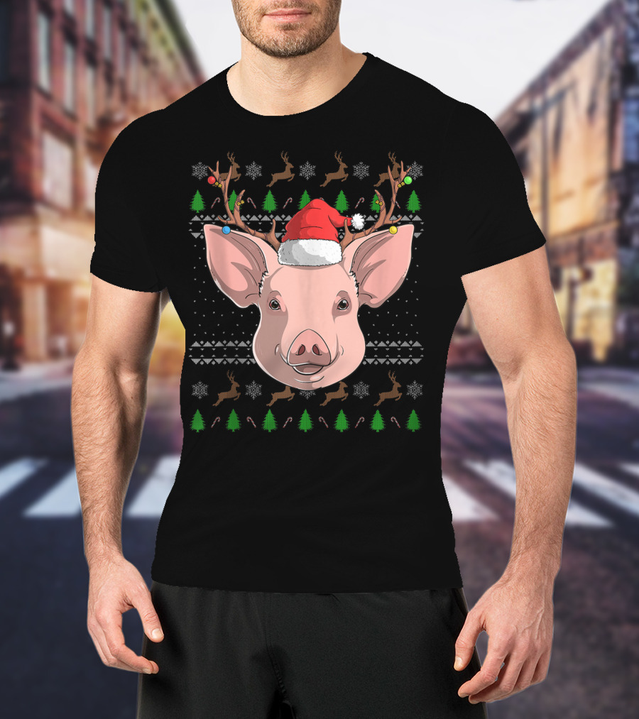 Pig Santa Claus Hat Reindeer Antlers Christmas Ornaments T-Shirt
