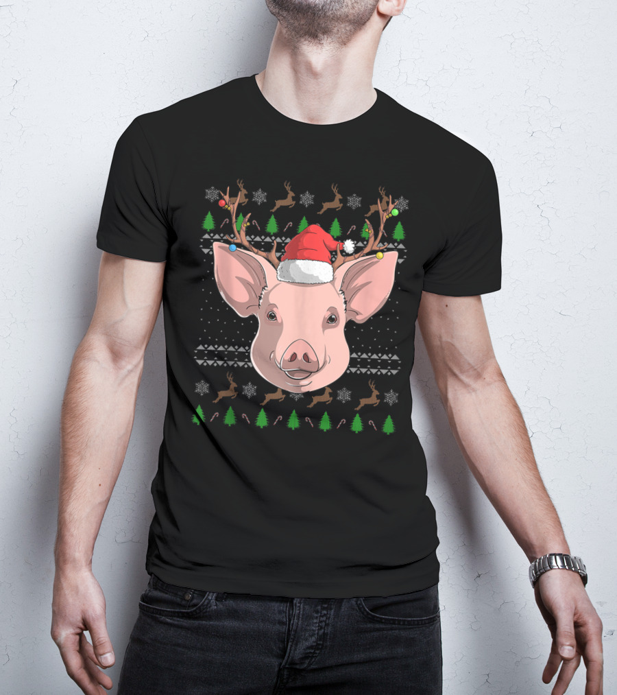 Pig Santa Claus Hat Reindeer Antlers Christmas Ornaments T-Shirt