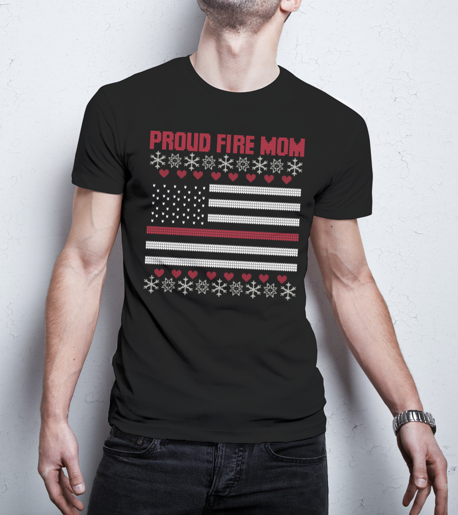 Proud Fire Mom Thin Red Line American Flag Snowflakes Hearts T-Shirt