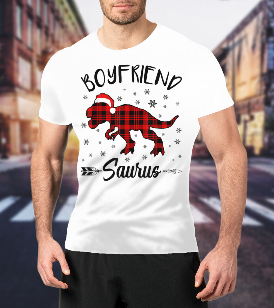 Boyfriend Saurus Red Plaid Dinosaur Christmas Hat T-Shirt