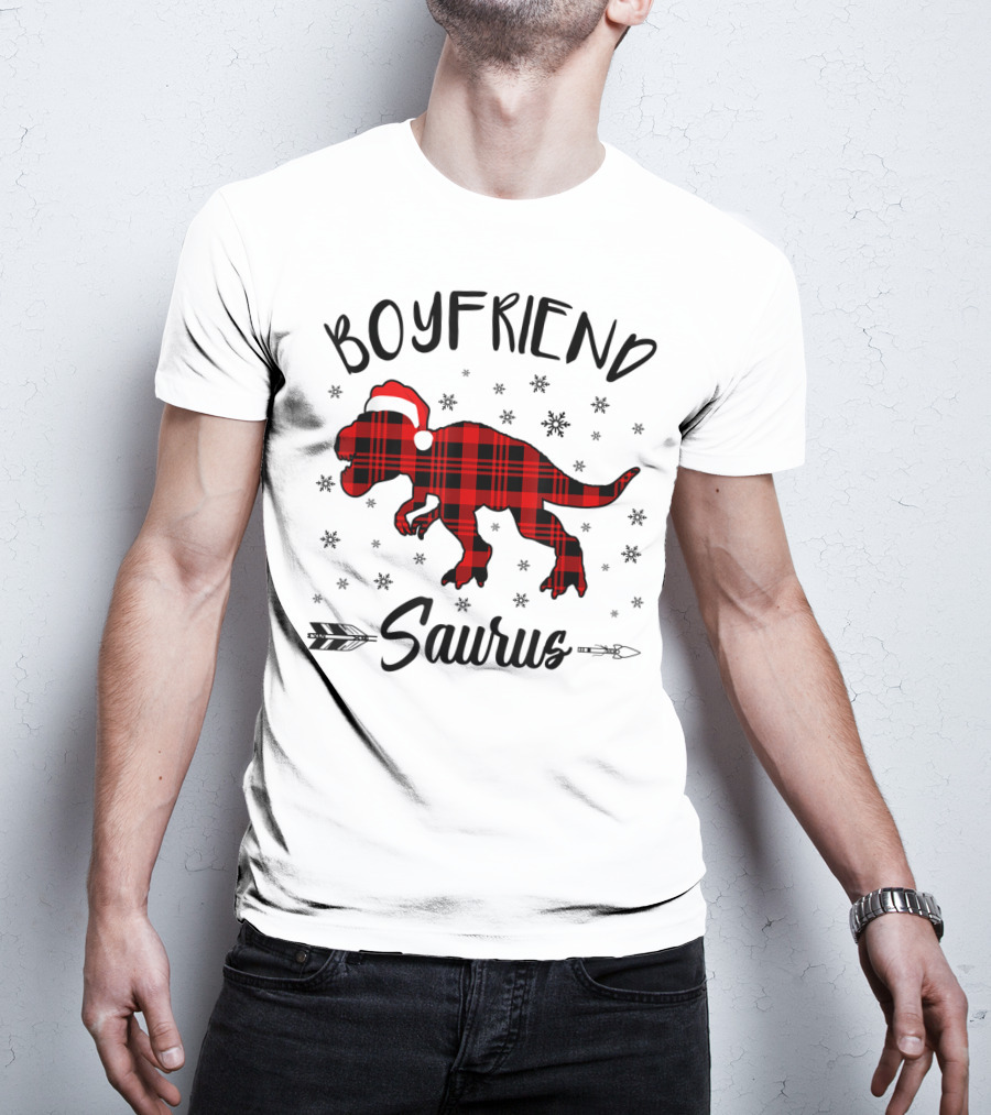 Boyfriend Saurus Red Plaid Dinosaur Christmas Hat T-Shirt