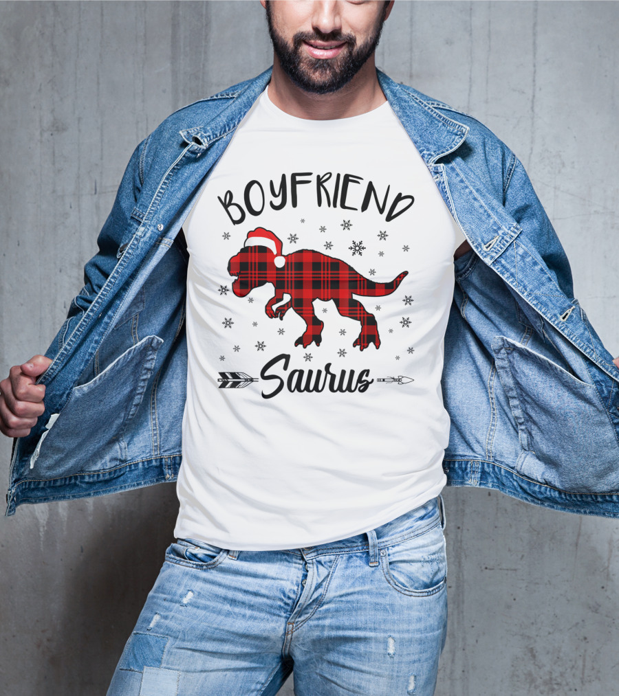 Boyfriend Saurus Red Plaid Dinosaur Christmas Hat T-Shirt
