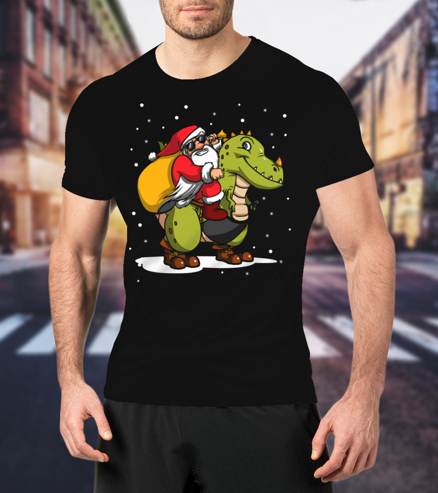Santa Riding Dinosaur Christmas Trex Snowy Night Scene T-Shirt
