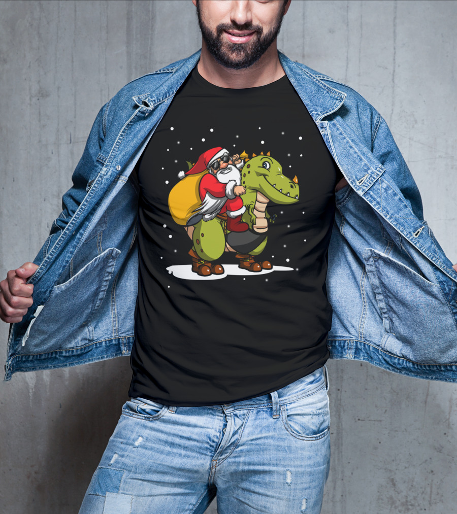 Santa Riding Dinosaur Christmas Trex Snowy Night Scene T-Shirt
