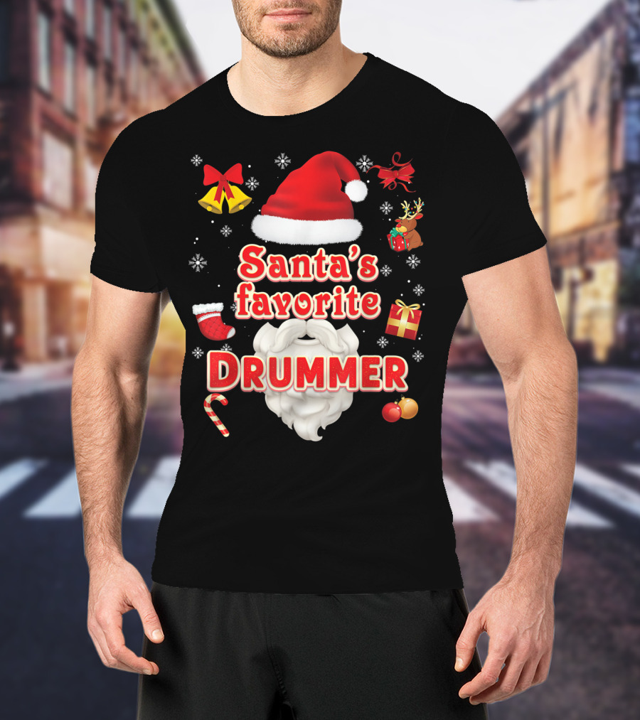 Santa's Favorite Drummer Christmas Santa Hat Reindeer Gift Bells Snowflakes Candy Cane Ornaments T-Shirt