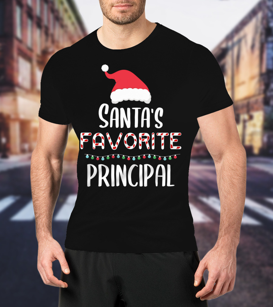 Santa's Favorite Principal Christmas Hat And Lights T-Shirt