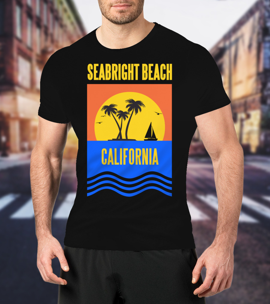Seabright Beach California Sunset Palm Trees Sailboat Vacation T-Shirt