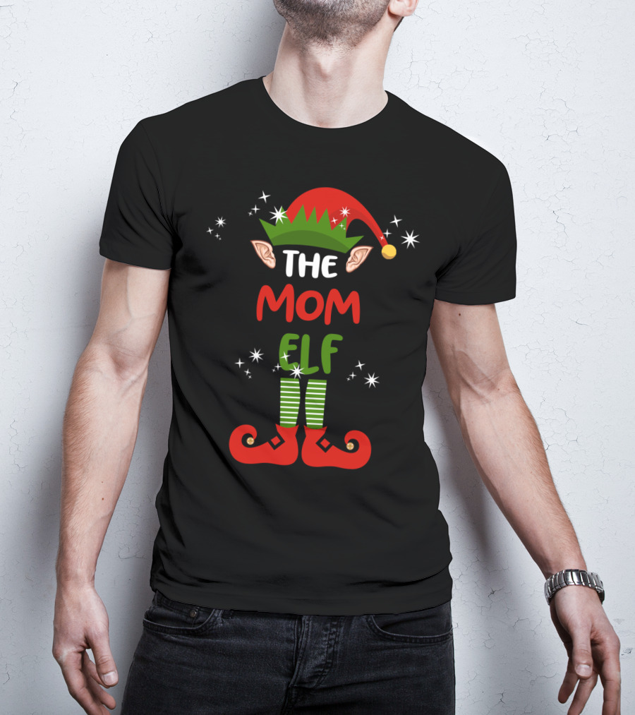 The Mom Elf Funny Christmas Elf Hat Ears Striped Socks Red Shoes T-Shirt