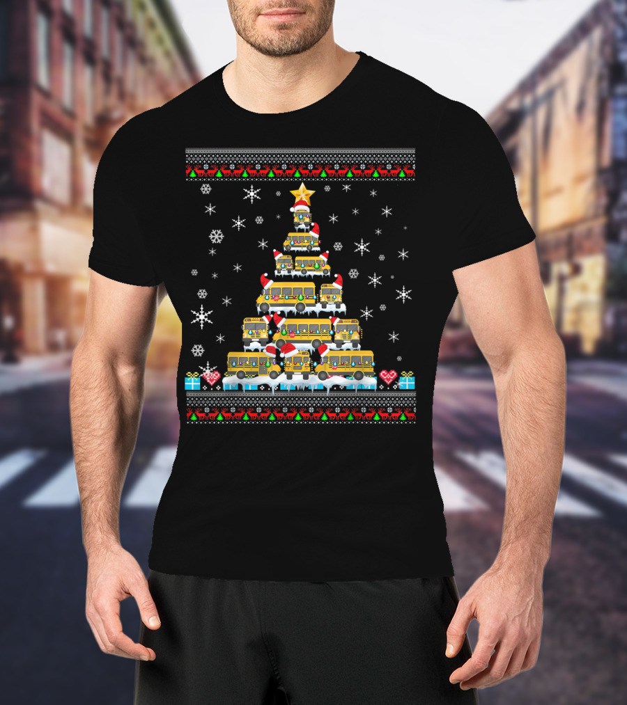 Ugly Christmas Tree Built From School Buses With Snowflakes And Holiday Decorations For Bus Driver Lovers T-Shirt