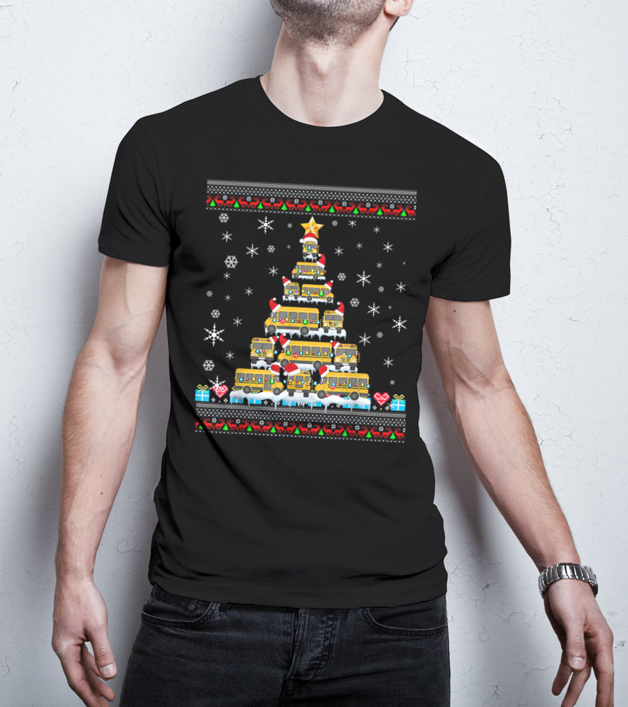 Ugly Christmas Tree Built From School Buses With Snowflakes And Holiday Decorations For Bus Driver Lovers T-Shirt