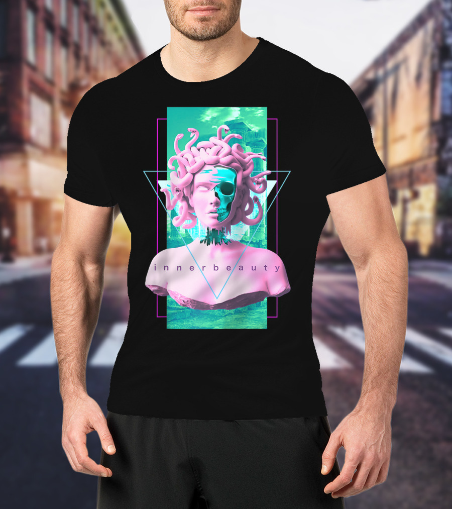 Vaporwave Inner Beauty Medusa Statue With Skull Aesthetic T-Shirt