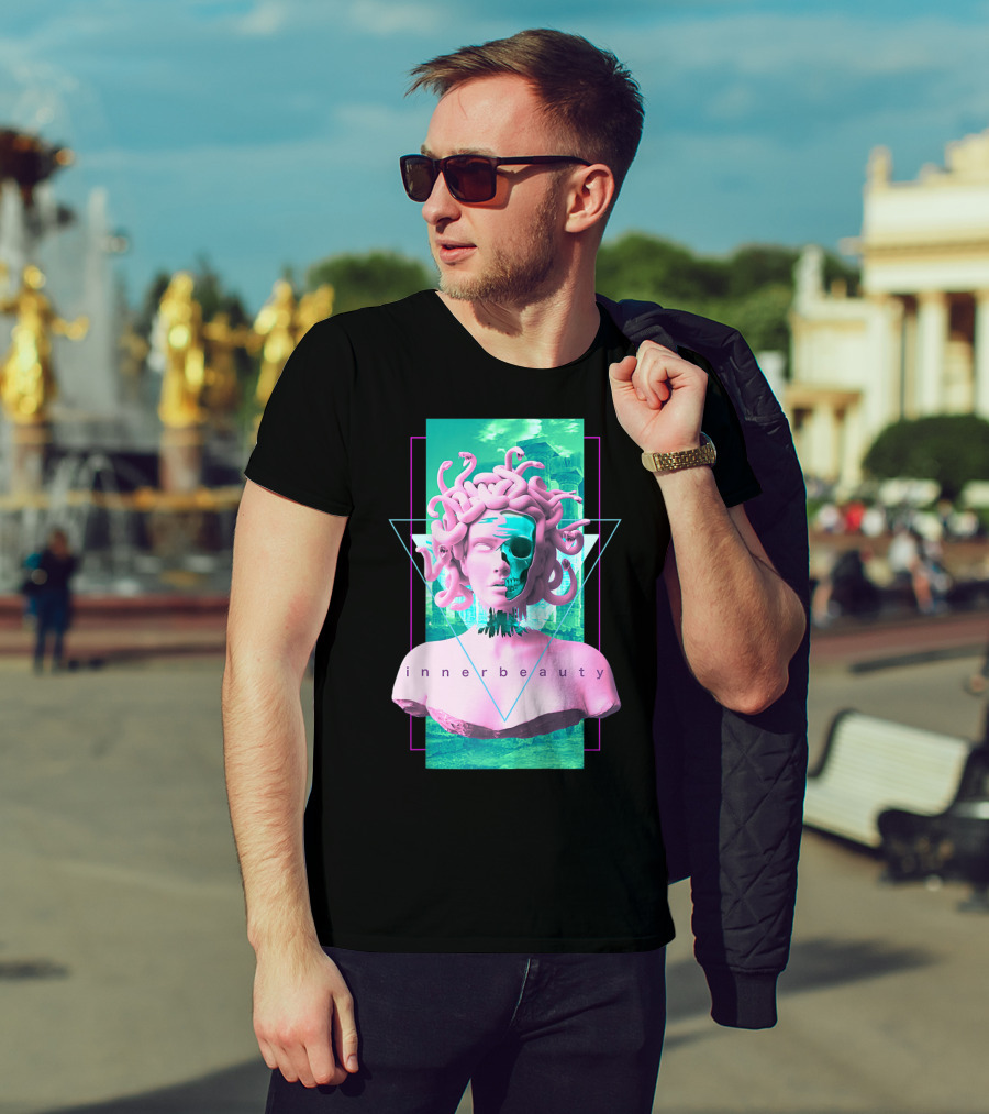 Vaporwave Inner Beauty Medusa Statue With Skull Aesthetic T-Shirt