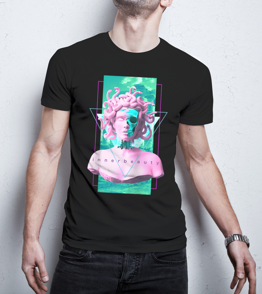 Vaporwave Inner Beauty Medusa Statue With Skull Aesthetic T-Shirt