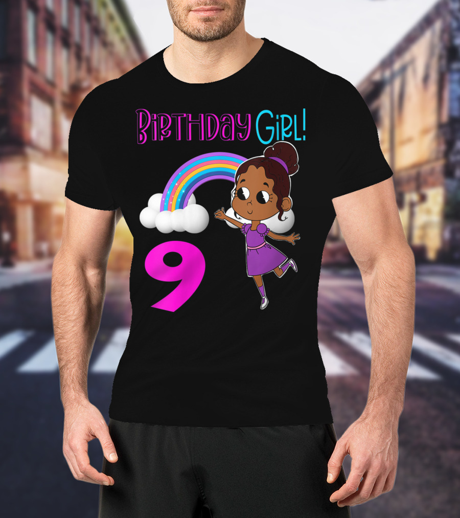 Birthday Girl 9 African American Rainbow Purple Dress T-Shirt
