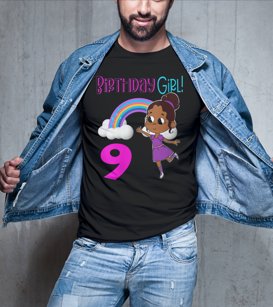 Birthday Girl 9 African American Rainbow Purple Dress T-Shirt
