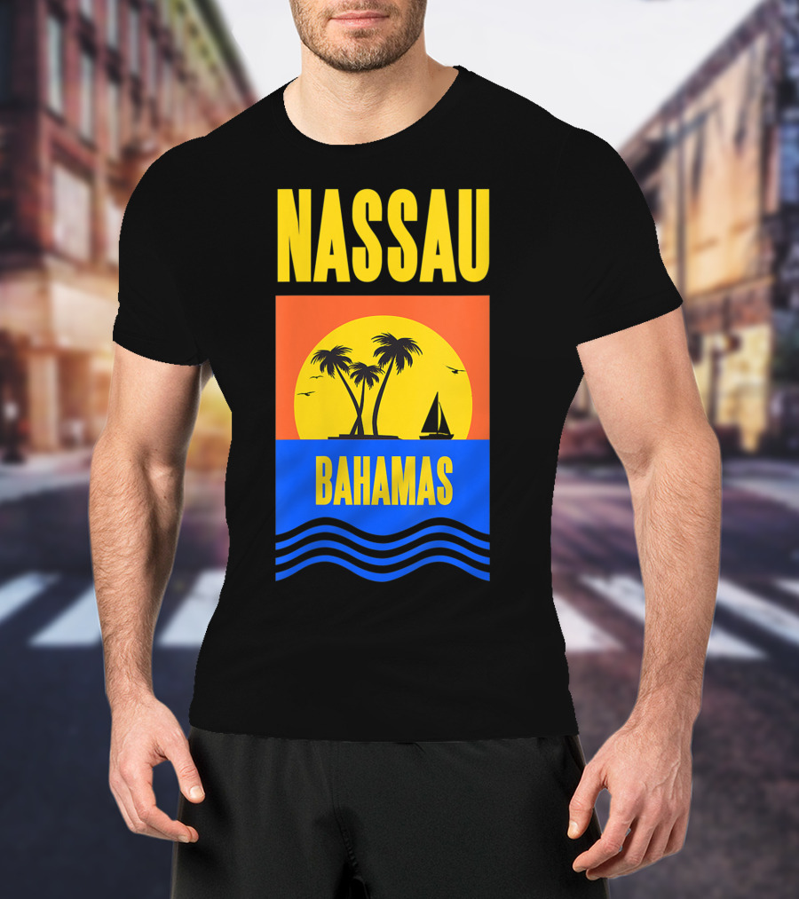 Nassau Bahamas Sunset Palm Trees And Sailboat Ocean Waves T-Shirt