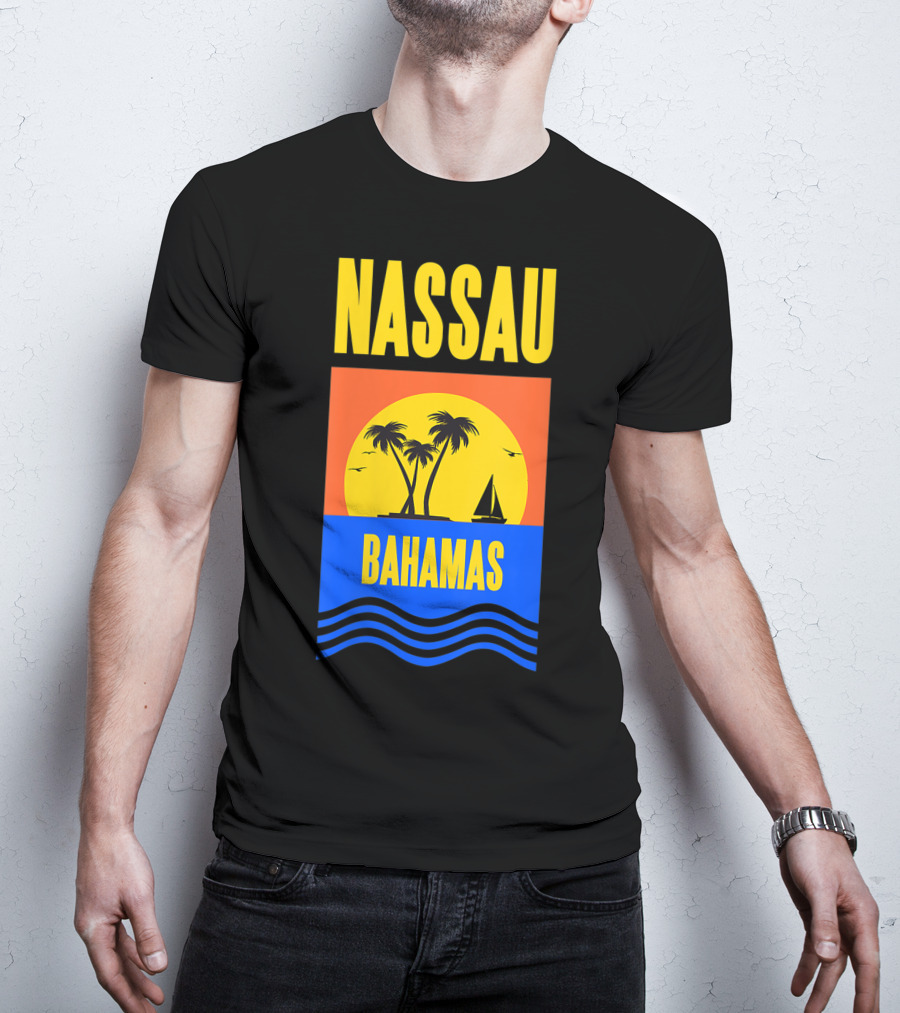 Nassau Bahamas Sunset Palm Trees And Sailboat Ocean Waves T-Shirt