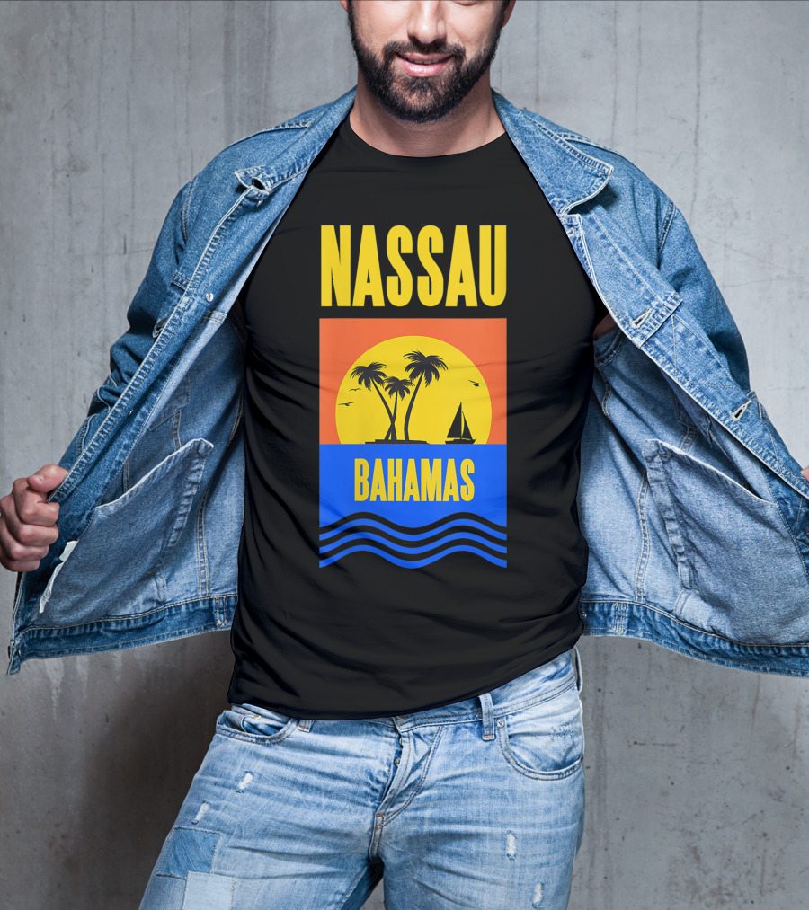 Nassau Bahamas Sunset Palm Trees And Sailboat Ocean Waves T-Shirt