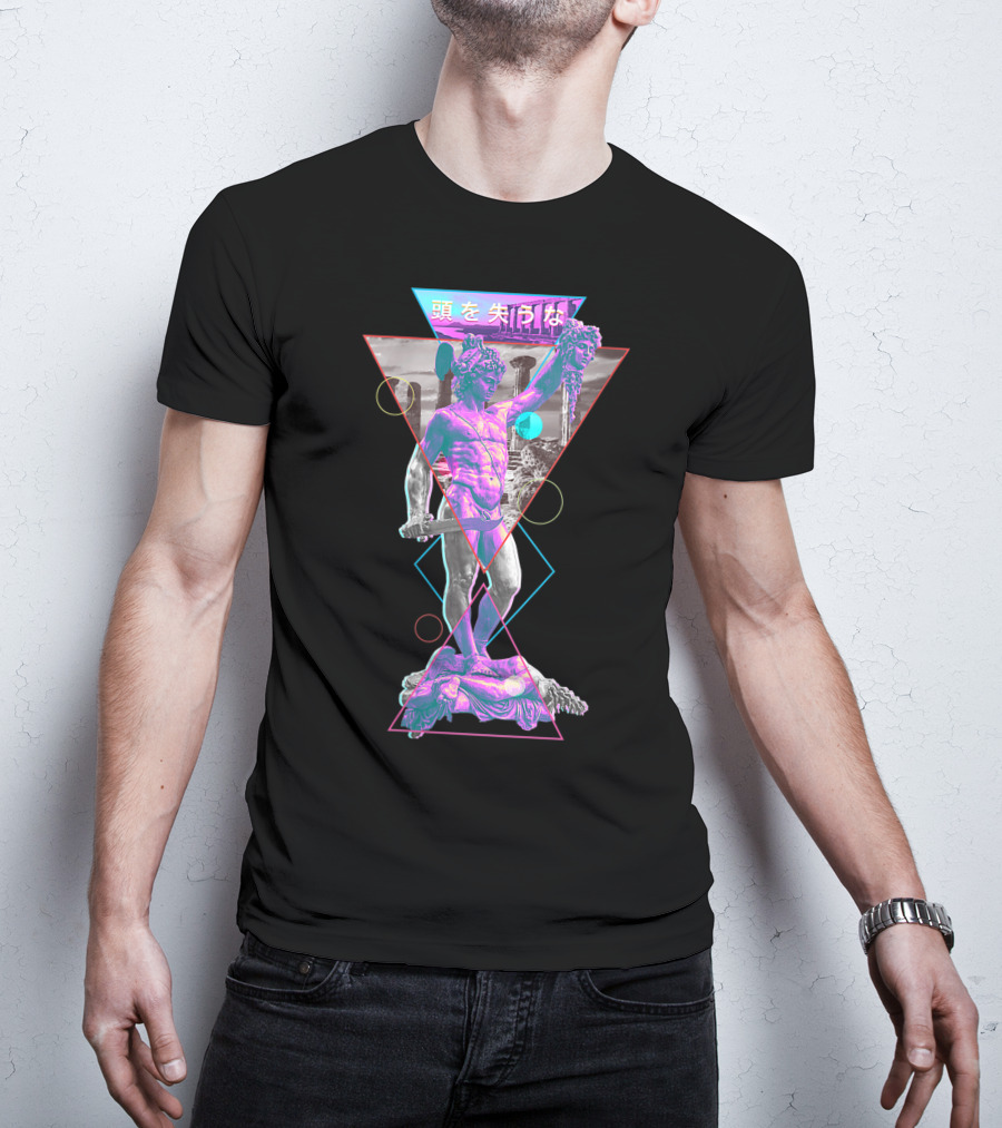 Perseus And Medusa Vaporwave Aesthetic With Japanese Text And Geometric Shapes T-Shirt