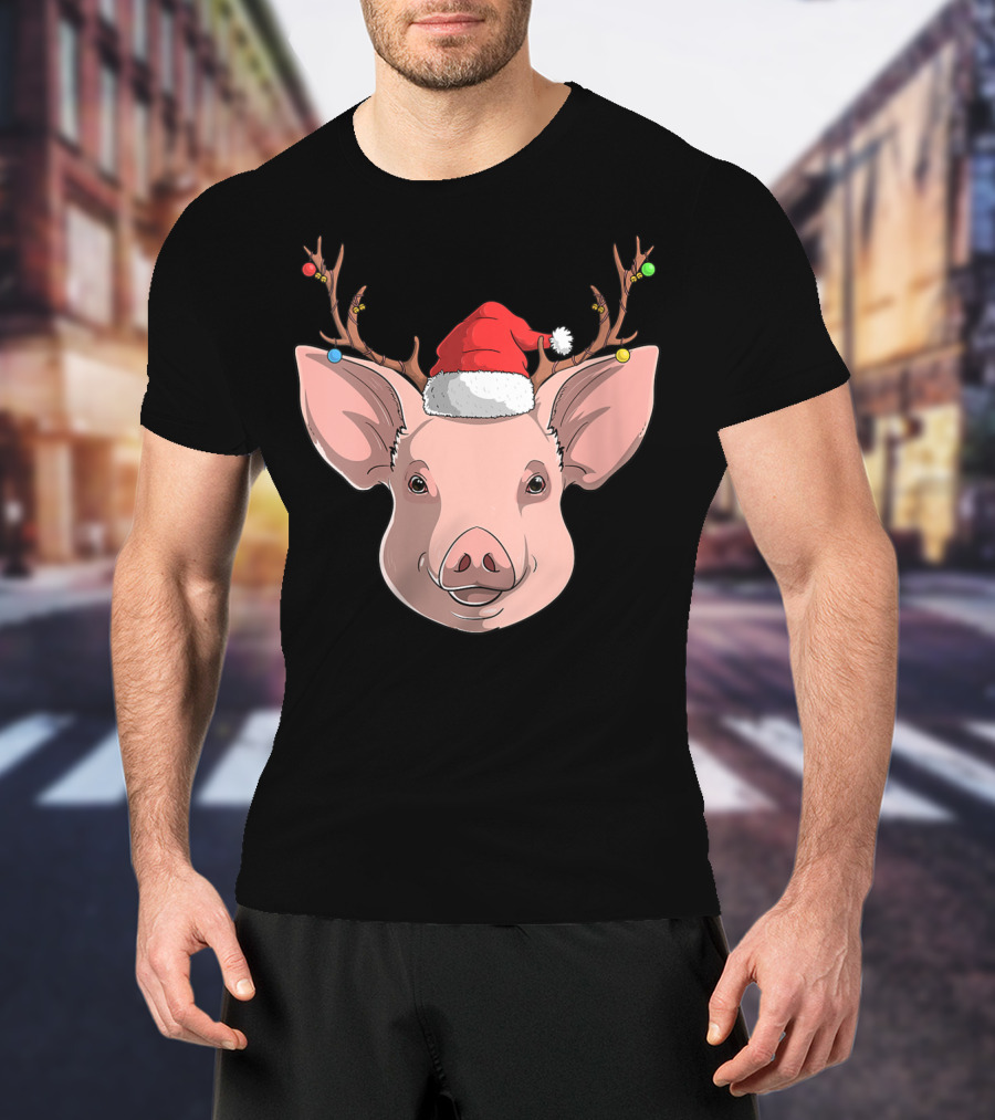 Pig With Santa Hat And Reindeer Antlers T-Shirt