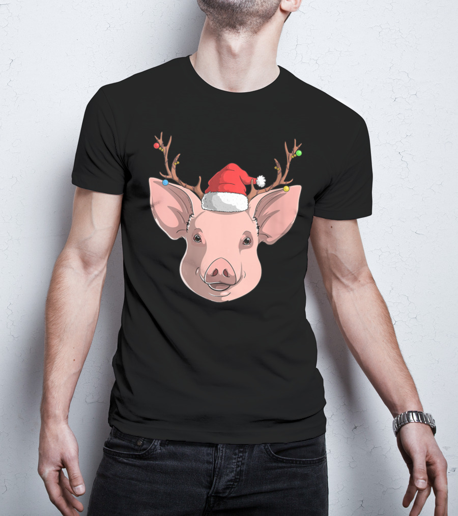 Pig With Santa Hat And Reindeer Antlers T-Shirt