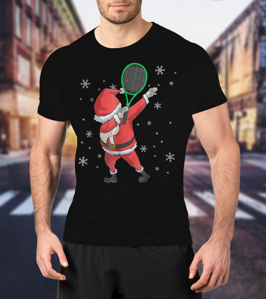 Dabbing Santa Claus With Tennis Racket And Snowflakes T-Shirt