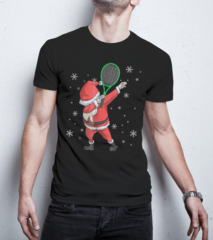 Dabbing Santa Claus With Tennis Racket And Snowflakes T-Shirt