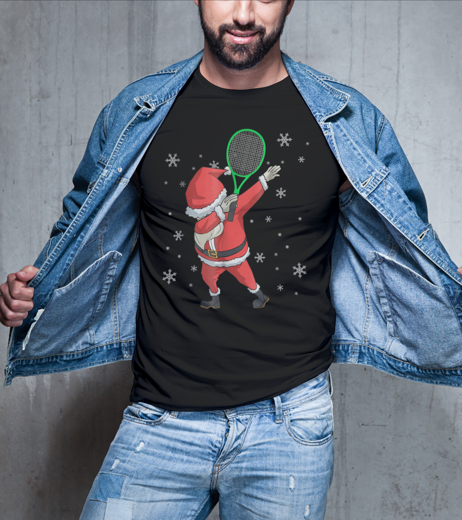 Dabbing Santa Claus With Tennis Racket And Snowflakes T-Shirt