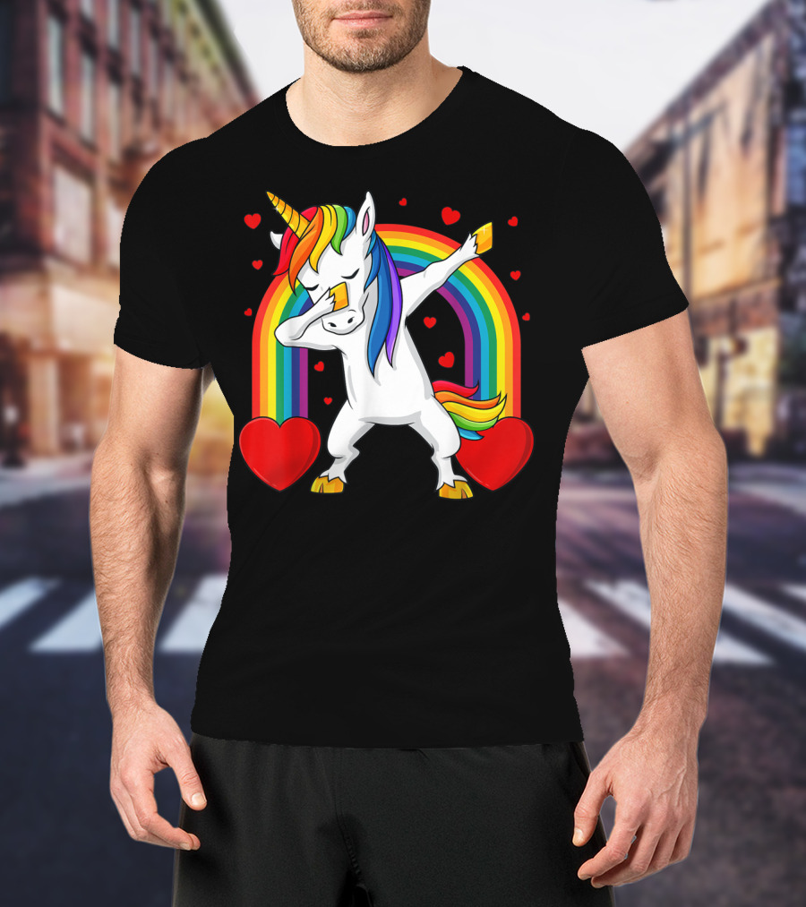 Dabbing Unicorn With Rainbow And Hearts T-Shirt